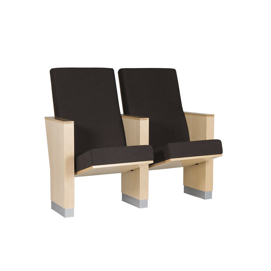 Zwarte Zenon theaterstoelen met houten armleuningen en verborgen vloerbevestiging