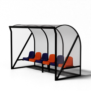 SKOR aluminium hockey dugout met zwarte coating, kuipstoelen en heldere polycarbonaat beplating