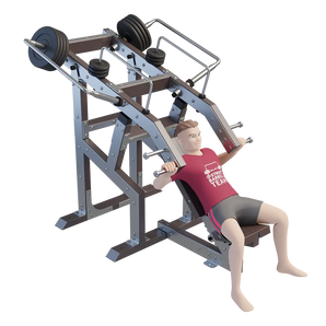 Incline bench press station in gebruik door gebruiker die een drukoefening uitvoert op 45 graden